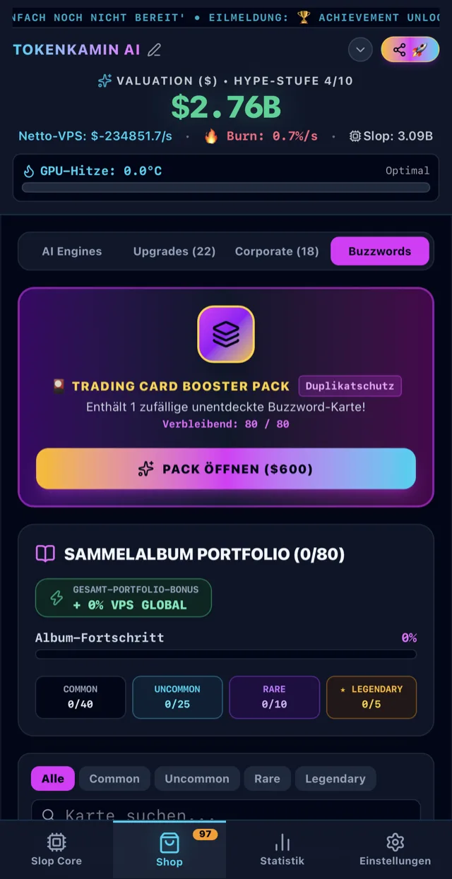 Buzzword-Bereich mit Trading Card Booster Pack, Sammelalbum-Fortschritt und den Seltenheitsstufen Common bis Legendary