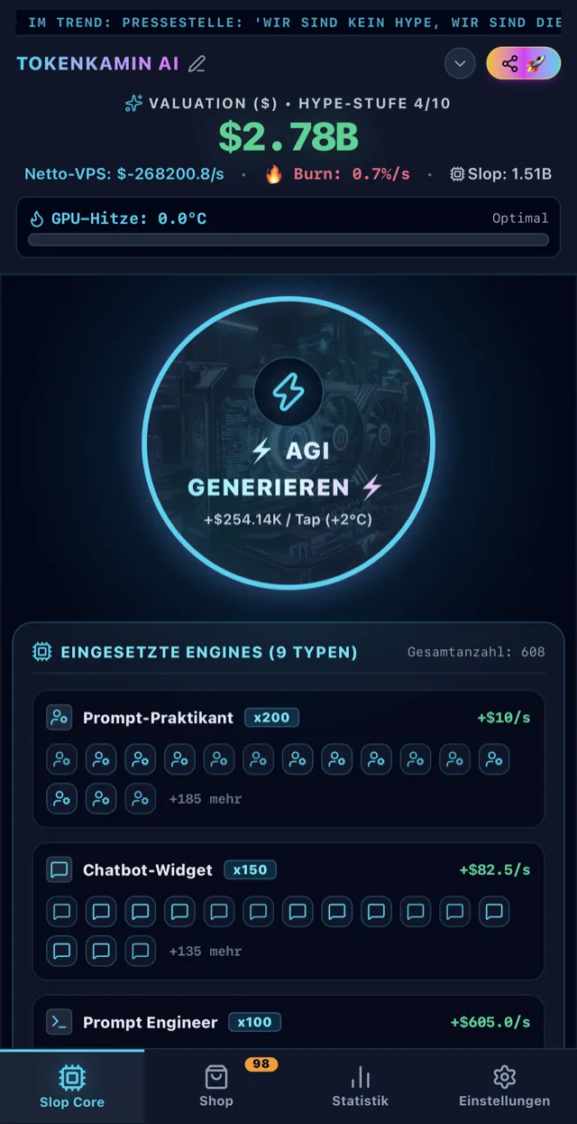 Hauptbildschirm von Token Furnace: Bewertung von 2,78 Milliarden Dollar, Netto-VPS, Burn Rate, GPU-Hitze und der große AGI-generieren-Button