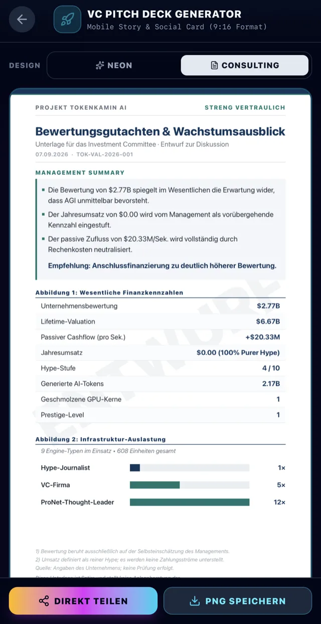 VC-Pitch-Deck-Generator im Consulting-Design: Bewertungsgutachten mit Management Summary und Finanzkennzahlen